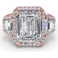 Three Stone Engagement Ring Setting with Trapezoid Diamonds and Halo Pavé Shank by Fana - 1.83 Carat Total Diamond Weight