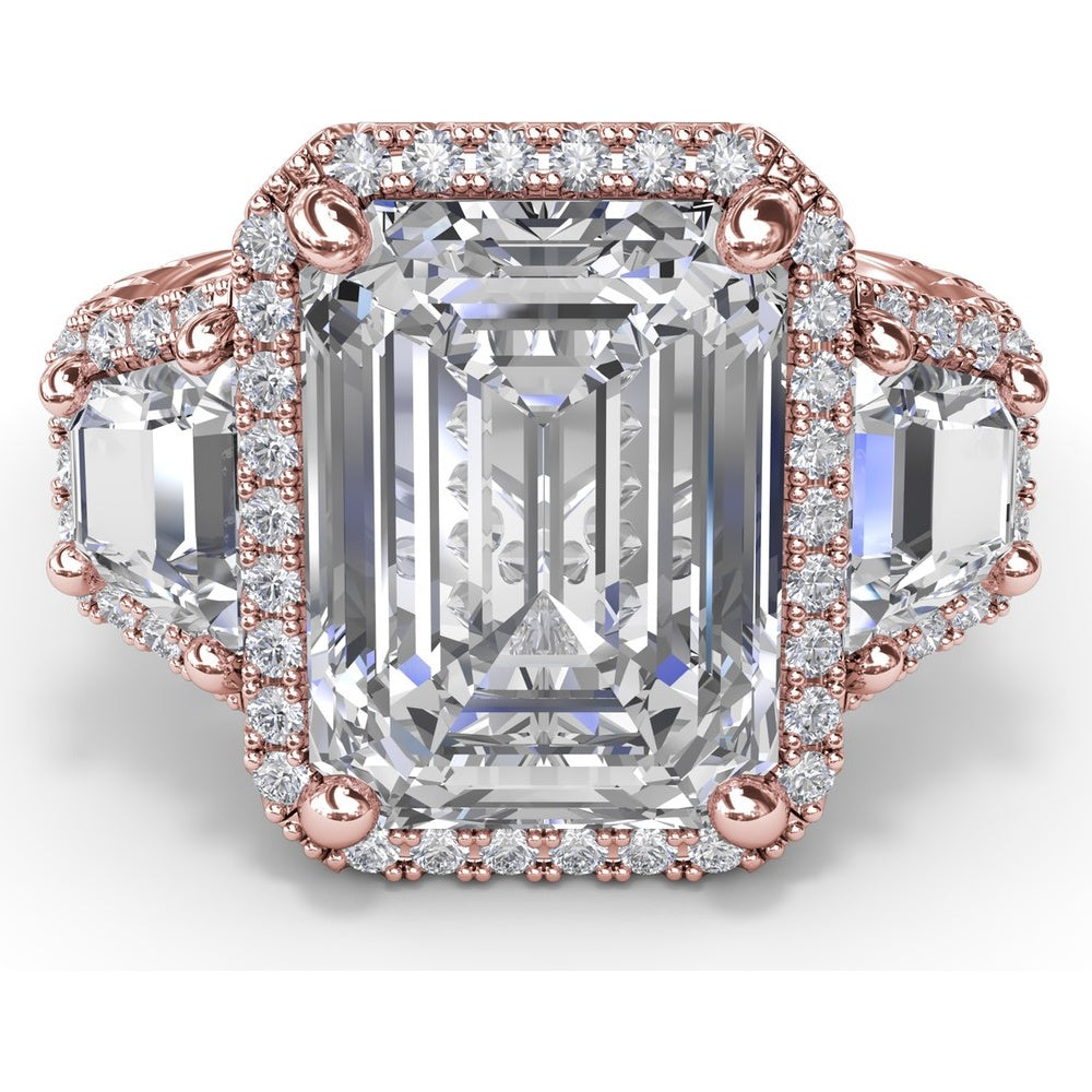 Three Stone Engagement Ring Setting with Trapezoid Diamonds and Halo Pavé Shank by Fana - 1.83 Carat Total Diamond Weight