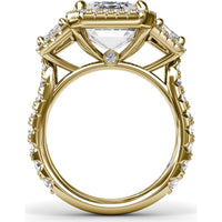 Three Stone Engagement Ring Setting with Trapezoid Diamonds and Halo Pavé Shank by Fana - 1.83 Carat Total Diamond Weight