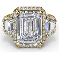 Three Stone Engagement Ring Setting with Trapezoid Diamonds and Halo Pavé Shank by Fana - 1.83 Carat Total Diamond Weight