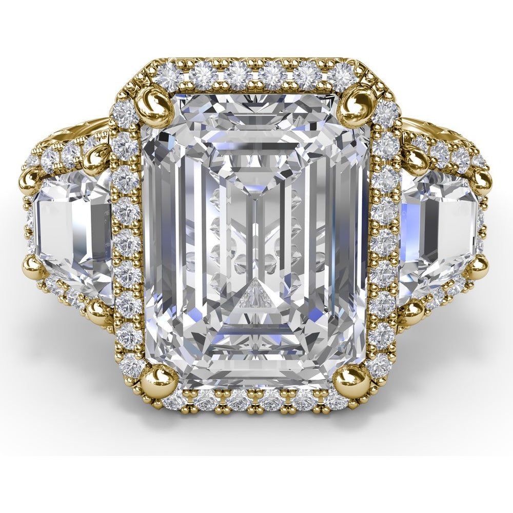 Three Stone Engagement Ring Setting with Trapezoid Diamonds and Halo Pavé Shank by Fana - 1.83 Carat Total Diamond Weight