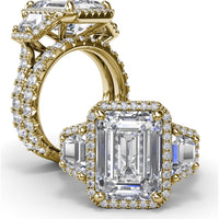 Three Stone Engagement Ring Setting with Trapezoid Diamonds and Halo Pavé Shank by Fana - 1.83 Carat Total Diamond Weight
