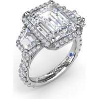 Three Stone Engagement Ring Setting with Trapezoid Diamonds and Halo Pavé Shank by Fana - 1.83 Carat Total Diamond Weight