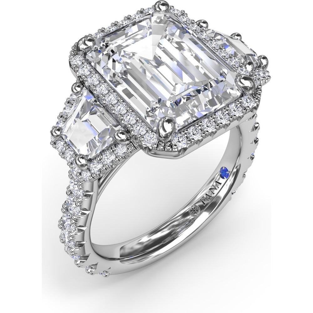 Three Stone Engagement Ring Setting with Trapezoid Diamonds and Halo Pavé Shank by Fana - 1.83 Carat Total Diamond Weight