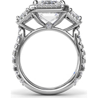 Three Stone Engagement Ring Setting with Trapezoid Diamonds and Halo Pavé Shank by Fana - 1.83 Carat Total Diamond Weight