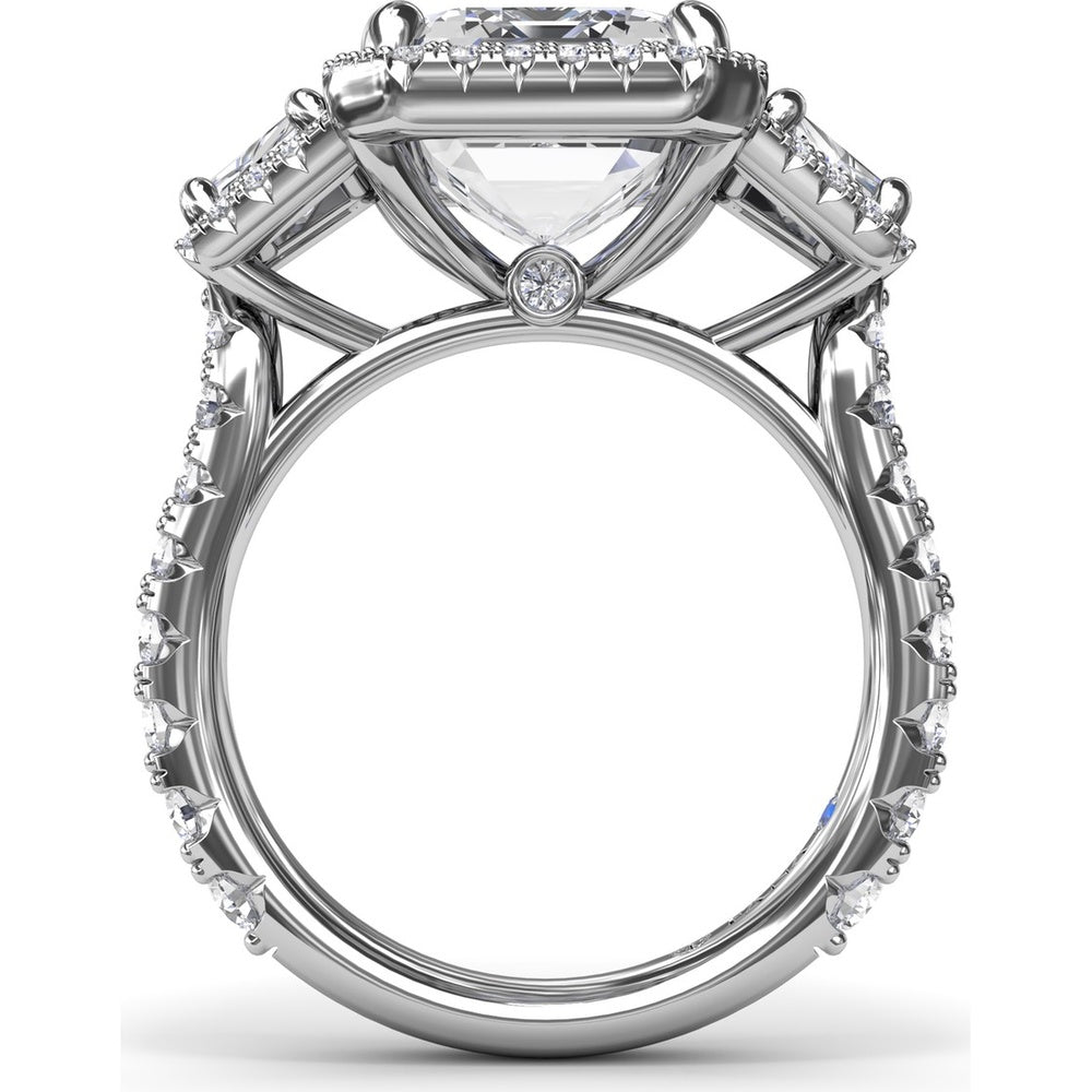 Three Stone Engagement Ring Setting with Trapezoid Diamonds and Halo Pavé Shank by Fana - 1.83 Carat Total Diamond Weight