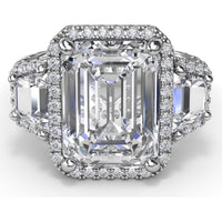 Three Stone Engagement Ring Setting with Trapezoid Diamonds and Halo Pavé Shank by Fana - 1.83 Carat Total Diamond Weight