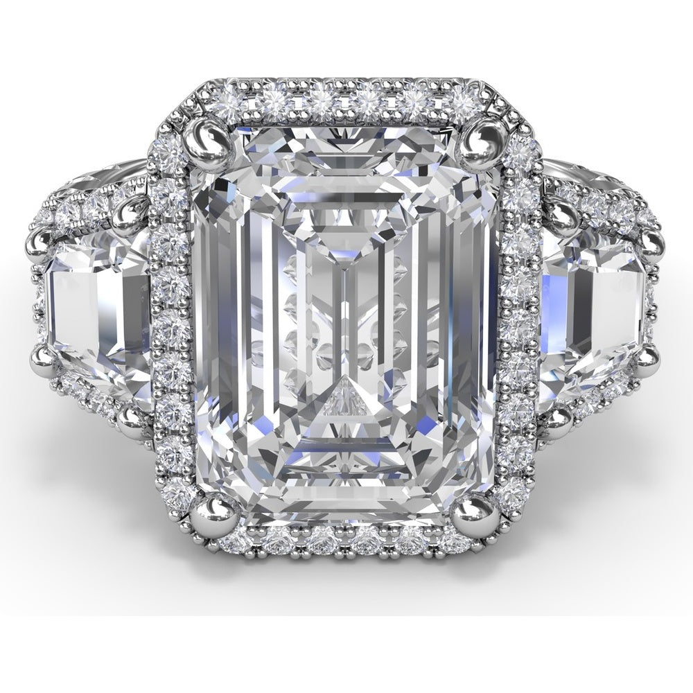 Three Stone Engagement Ring Setting with Trapezoid Diamonds and Halo Pavé Shank by Fana - 1.83 Carat Total Diamond Weight