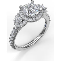 Three Stone Halo Engagement Ring Setting with Pavé Split Shank and Round Diamond Side Stones by Fana - 0.57 Carat Total Diamond Weight