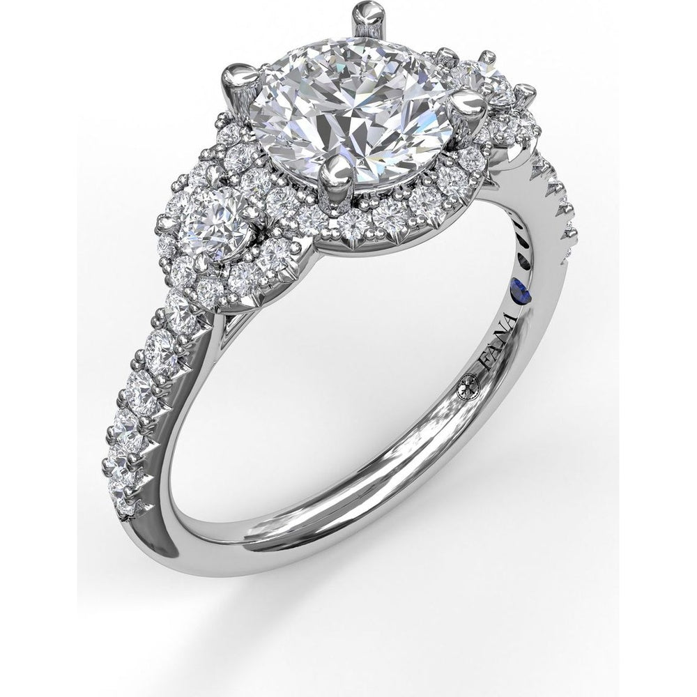 Three Stone Halo Engagement Ring Setting with Pavé Split Shank and Round Diamond Side Stones by Fana - 0.57 Carat Total Diamond Weight