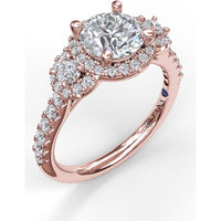 Three Stone Halo Engagement Ring Setting with Pavé Split Shank and Round Diamond Side Stones by Fana - 0.57 Carat Total Diamond Weight