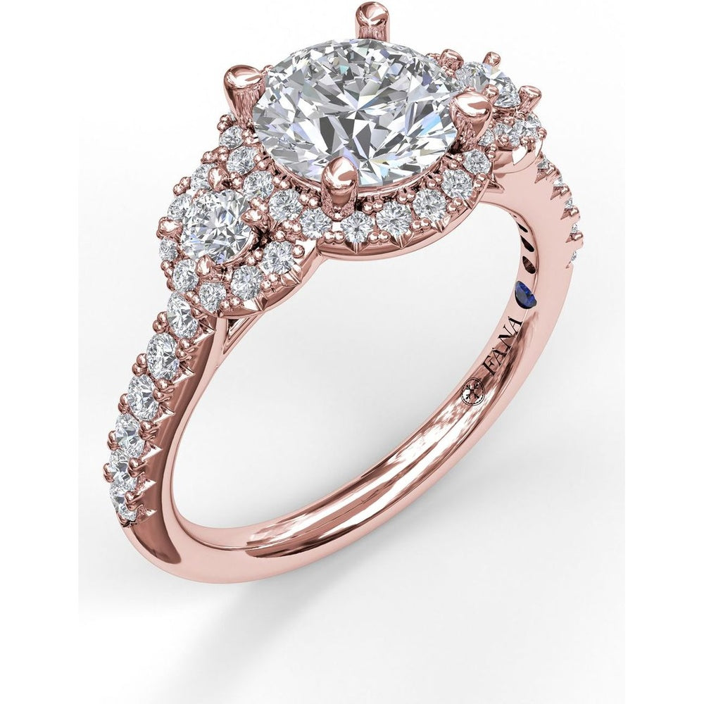 Three Stone Halo Engagement Ring Setting with Pavé Split Shank and Round Diamond Side Stones by Fana - 0.57 Carat Total Diamond Weight