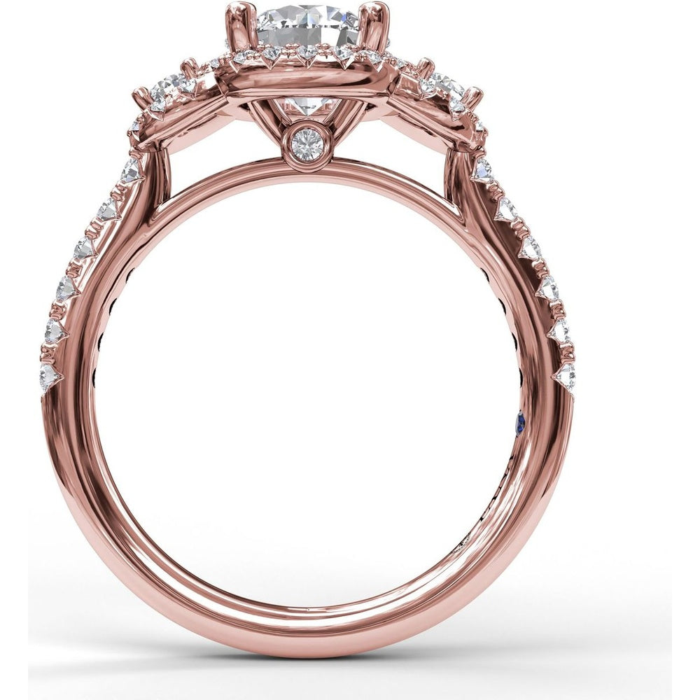 Three Stone Halo Engagement Ring Setting with Pavé Split Shank and Round Diamond Side Stones by Fana - 0.57 Carat Total Diamond Weight