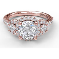 Three Stone Halo Engagement Ring Setting with Pavé Split Shank and Round Diamond Side Stones by Fana - 0.57 Carat Total Diamond Weight