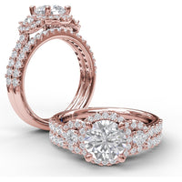 Three Stone Halo Engagement Ring Setting with Pavé Split Shank and Round Diamond Side Stones by Fana - 0.57 Carat Total Diamond Weight