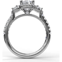 Three Stone Halo Engagement Ring Setting with Pavé Split Shank and Round Diamond Side Stones by Fana - 0.57 Carat Total Diamond Weight
