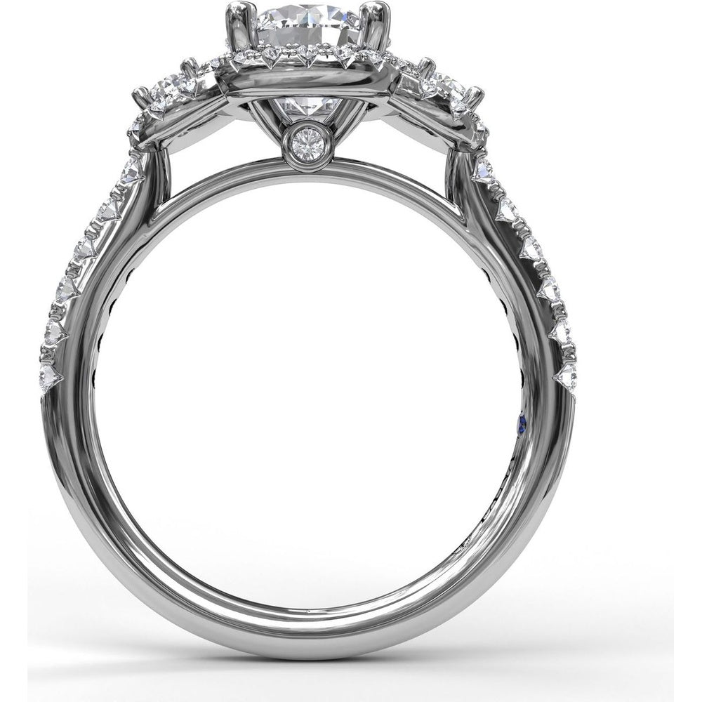 Three Stone Halo Engagement Ring Setting with Pavé Split Shank and Round Diamond Side Stones by Fana - 0.57 Carat Total Diamond Weight