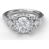 Three Stone Halo Engagement Ring Setting with Pavé Split Shank and Round Diamond Side Stones by Fana - 0.57 Carat Total Diamond Weight