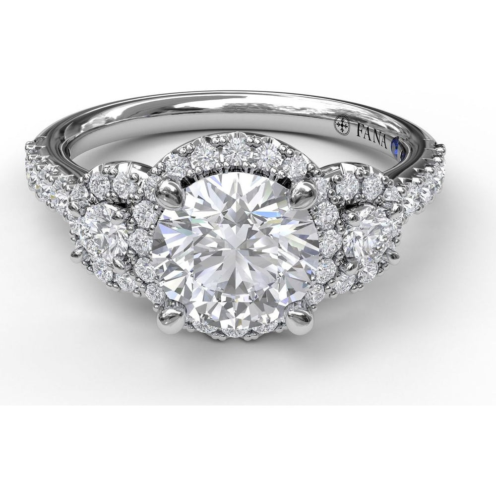 Three Stone Halo Engagement Ring Setting with Pavé Split Shank and Round Diamond Side Stones by Fana - 0.57 Carat Total Diamond Weight