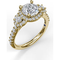 Three Stone Halo Engagement Ring Setting with Pavé Split Shank and Round Diamond Side Stones by Fana - 0.57 Carat Total Diamond Weight