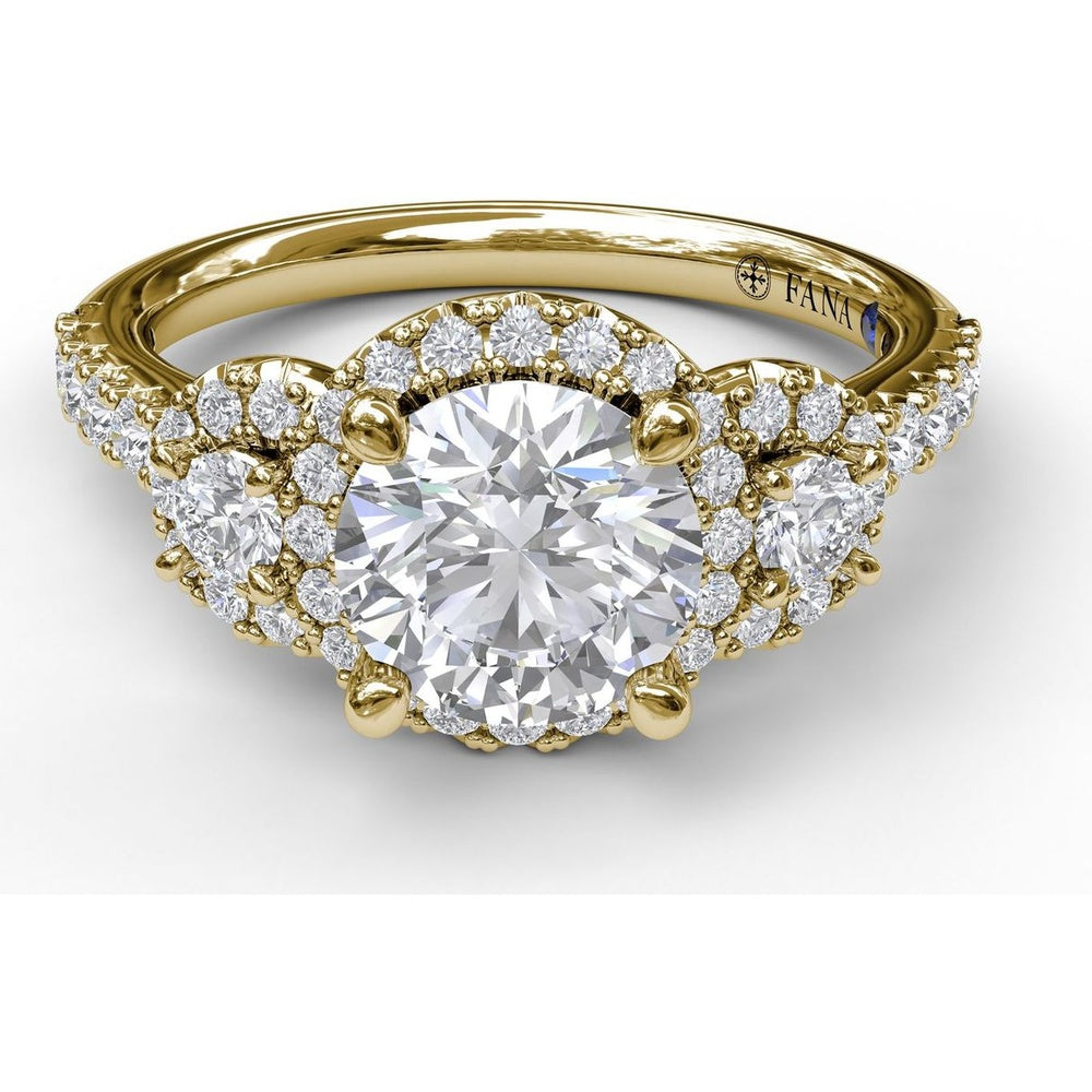 Three Stone Halo Engagement Ring Setting with Pavé Split Shank and Round Diamond Side Stones by Fana - 0.57 Carat Total Diamond Weight