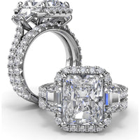 Three Stone Halo Engagement Ring Setting with Trapezoid Side Diamonds - 1.62 Carat Total Side Stone Weight by Fana