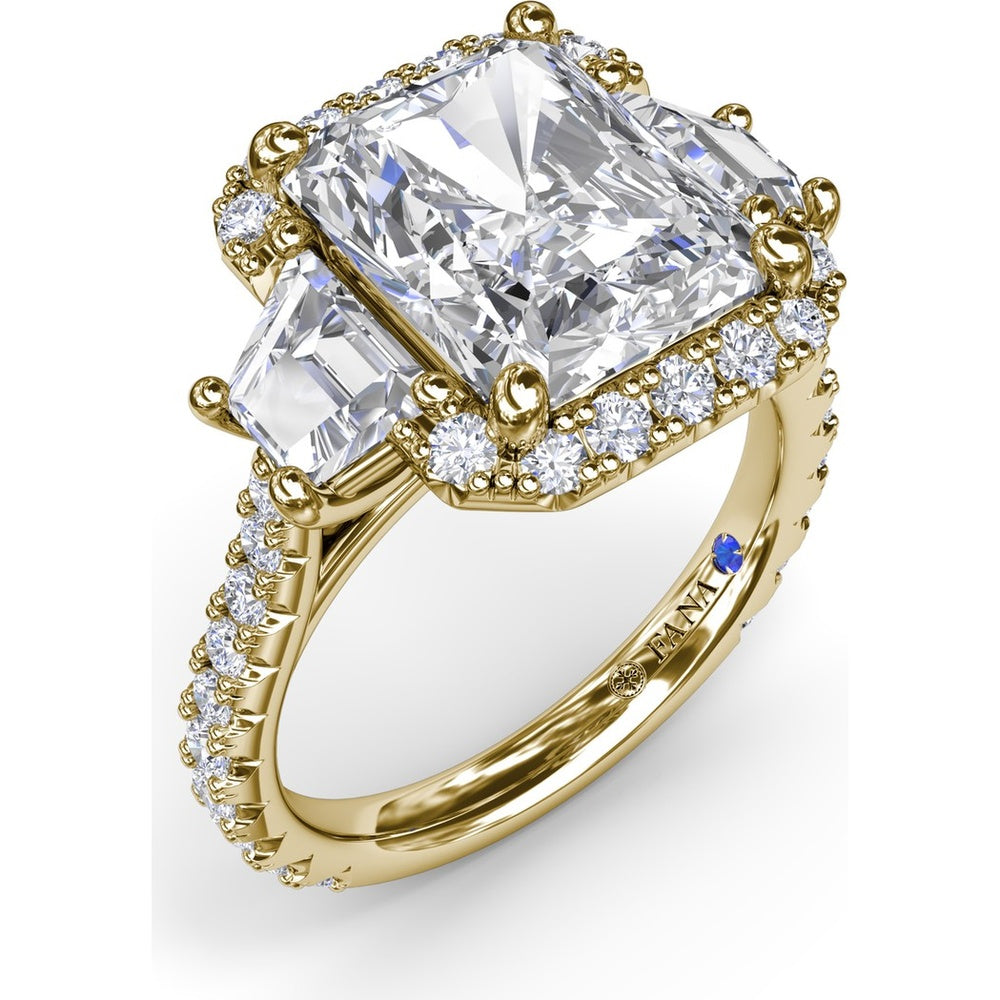 Three Stone Halo Engagement Ring Setting with Trapezoid Side Diamonds - 1.62 Carat Total Side Stone Weight by Fana