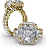 Three Stone Halo Engagement Ring Setting with Trapezoid Side Diamonds - 1.62 Carat Total Side Stone Weight by Fana