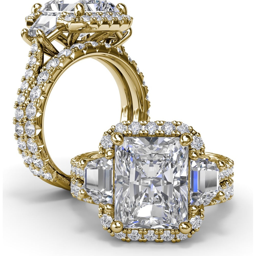 Three Stone Halo Engagement Ring Setting with Trapezoid Side Diamonds - 1.62 Carat Total Side Stone Weight by Fana