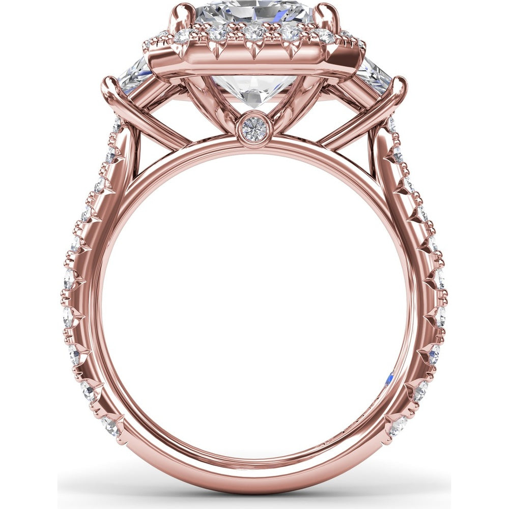 Three Stone Halo Engagement Ring Setting with Trapezoid Side Diamonds - 1.62 Carat Total Side Stone Weight by Fana