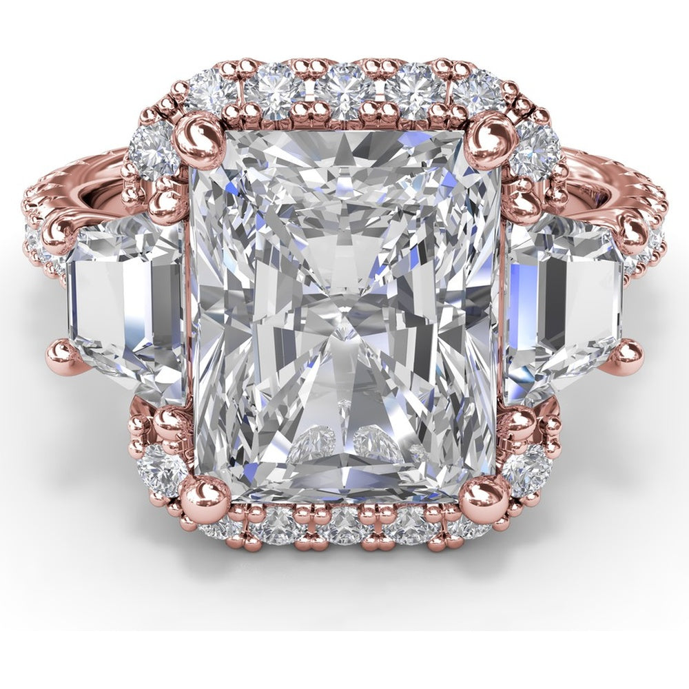 Three Stone Halo Engagement Ring Setting with Trapezoid Side Diamonds - 1.62 Carat Total Side Stone Weight by Fana