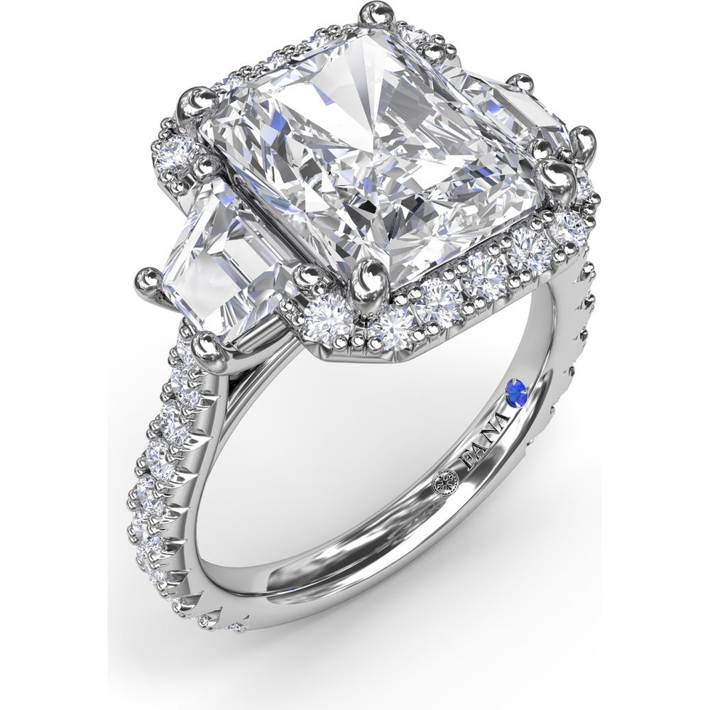 Three Stone Halo Engagement Ring Setting with Trapezoid Side Diamonds - 1.62 Carat Total Side Stone Weight by Fana