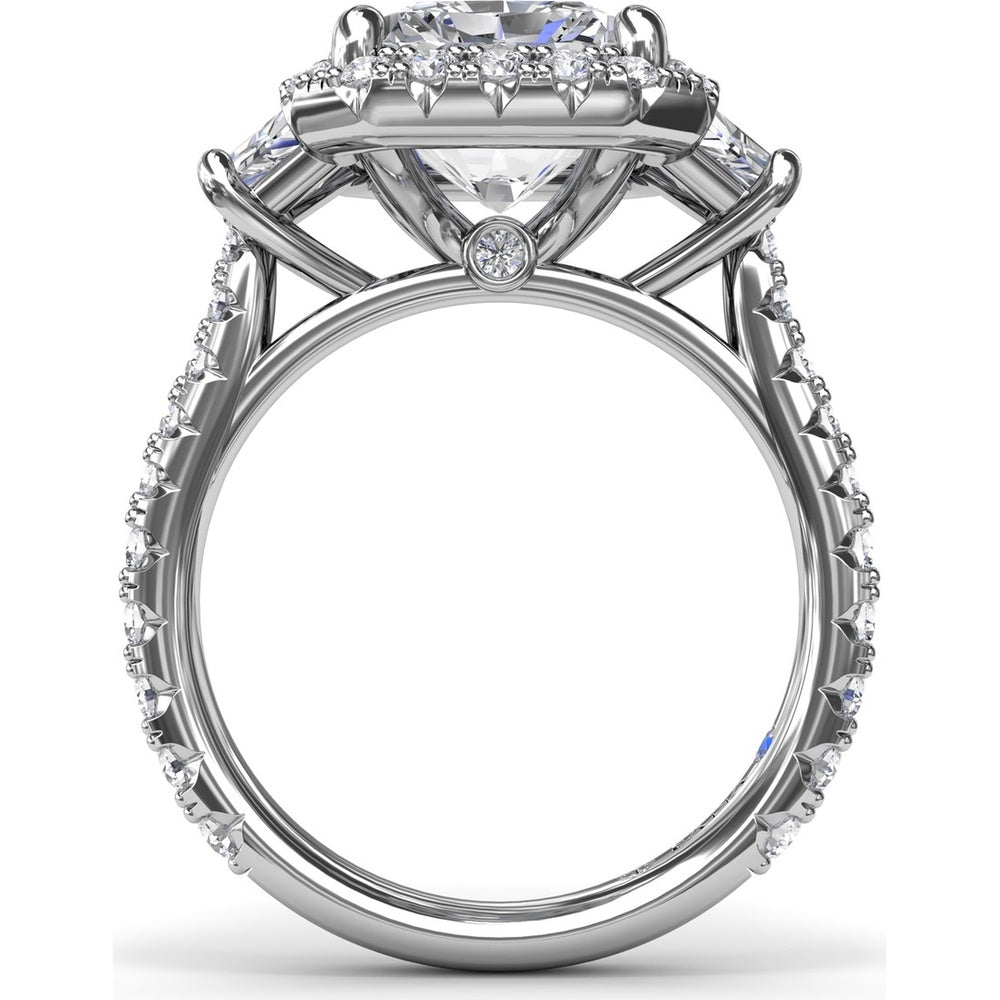 Three Stone Halo Engagement Ring Setting with Trapezoid Side Diamonds - 1.62 Carat Total Side Stone Weight by Fana