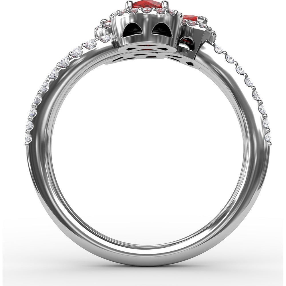 Three-Stone Halo Ring with Round Rubies and Pavé Diamonds by Fana - 1.30 Carat Total Gemstone Weight