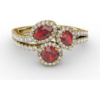 Three-Stone Halo Ring with Round Rubies and Pavé Diamonds by Fana - 1.30 Carat Total Gemstone Weight