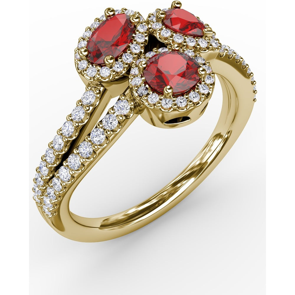 Three-Stone Halo Ring with Round Rubies and Pavé Diamonds by Fana - 1.30 Carat Total Gemstone Weight
