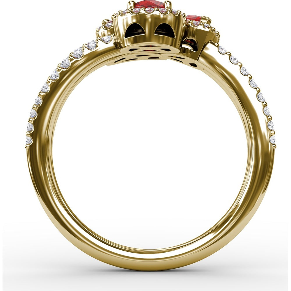 Three-Stone Halo Ring with Round Rubies and Pavé Diamonds by Fana - 1.30 Carat Total Gemstone Weight