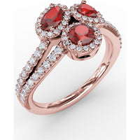 Three-Stone Halo Ring with Round Rubies and Pavé Diamonds by Fana - 1.30 Carat Total Gemstone Weight