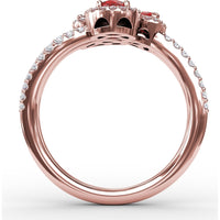 Three-Stone Halo Ring with Round Rubies and Pavé Diamonds by Fana - 1.30 Carat Total Gemstone Weight