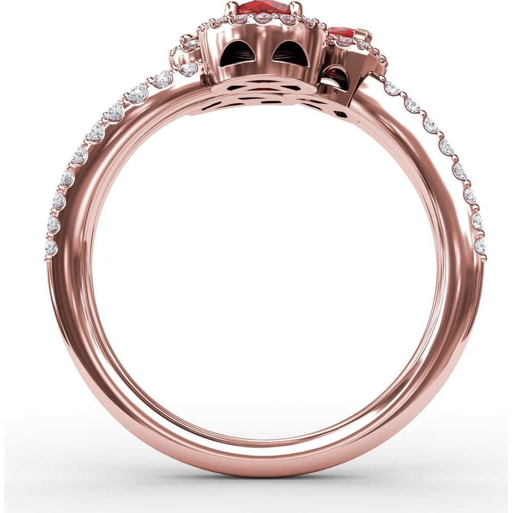 Three-Stone Halo Ring with Round Rubies and Pavé Diamonds by Fana - 1.30 Carat Total Gemstone Weight