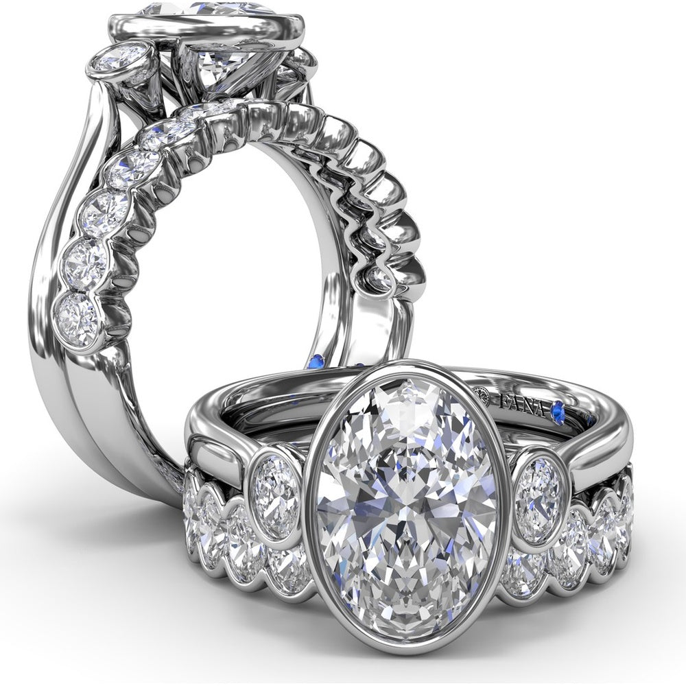 Three-Stone Oval Bezel Set Engagement Ring Setting with Peek-a-Boo Diamond by Fana - 0.22 Carat Total Diamond Weight