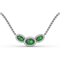 Three-Stone Oval Emerald and Diamond Halo Pendant by Fana - 1.19 Carat Total Gemstone Weight