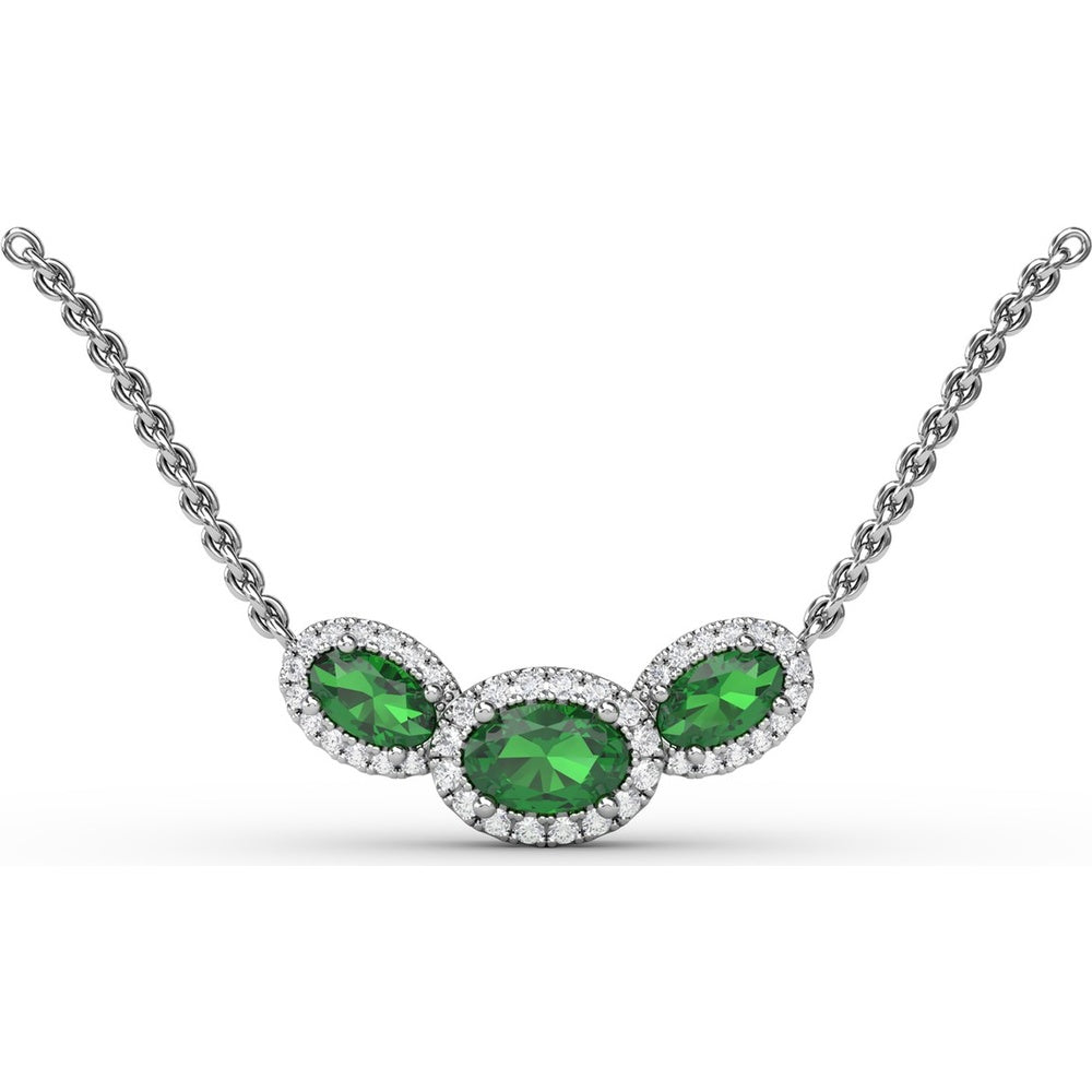 Three-Stone Oval Emerald and Diamond Halo Pendant by Fana - 1.19 Carat Total Gemstone Weight
