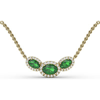 Three-Stone Oval Emerald and Diamond Halo Pendant by Fana - 1.19 Carat Total Gemstone Weight