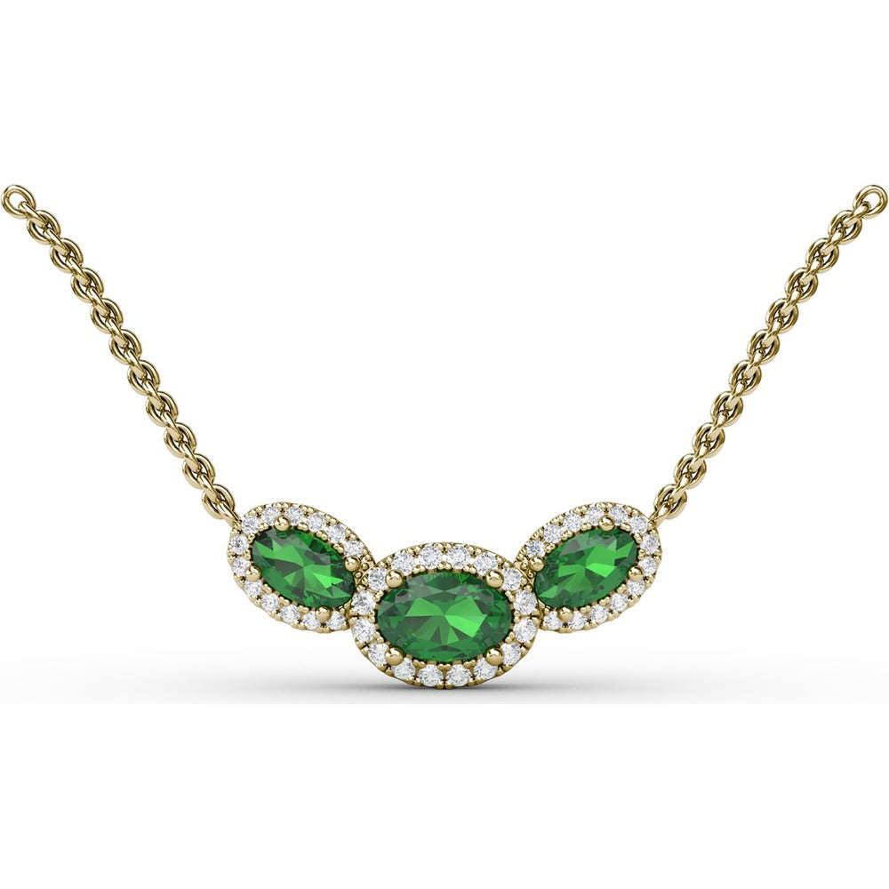 Three-Stone Oval Emerald and Diamond Halo Pendant by Fana - 1.19 Carat Total Gemstone Weight