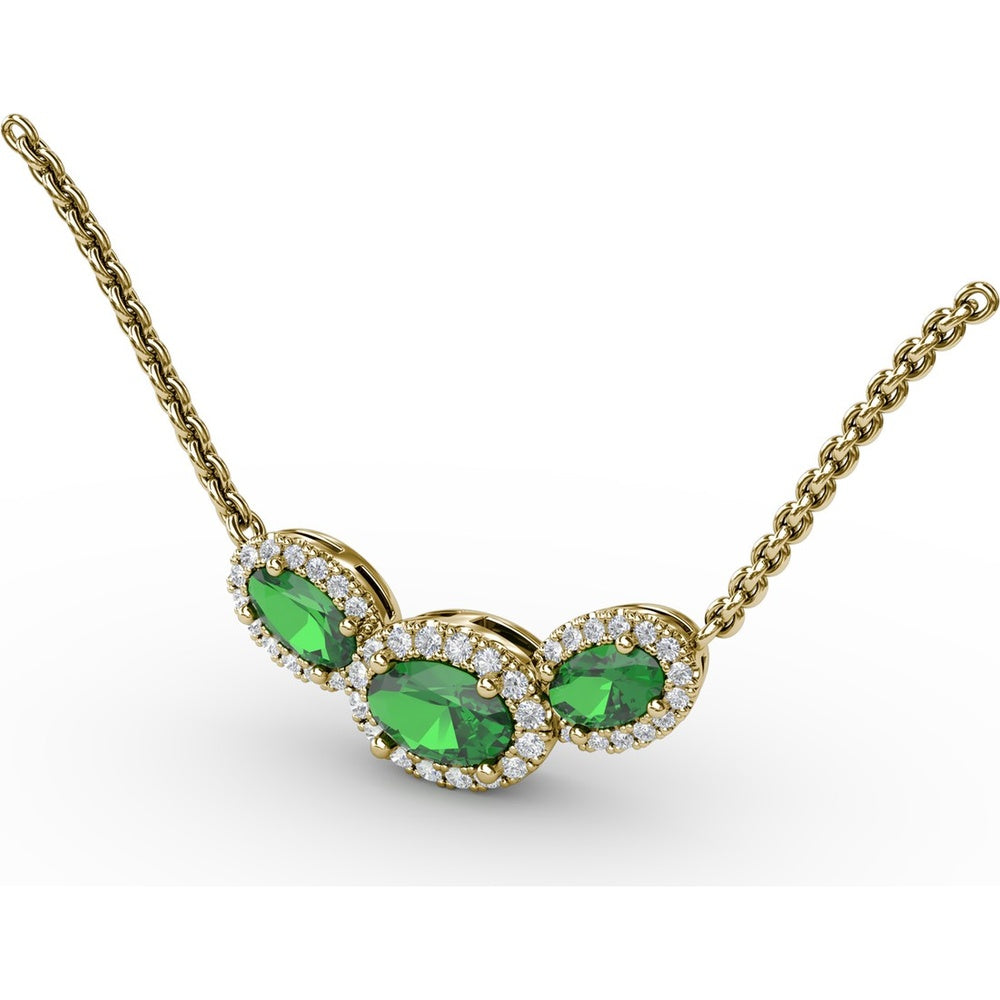 Three-Stone Oval Emerald and Diamond Halo Pendant by Fana - 1.19 Carat Total Gemstone Weight