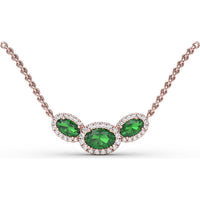Three-Stone Oval Emerald and Diamond Halo Pendant by Fana - 1.19 Carat Total Gemstone Weight
