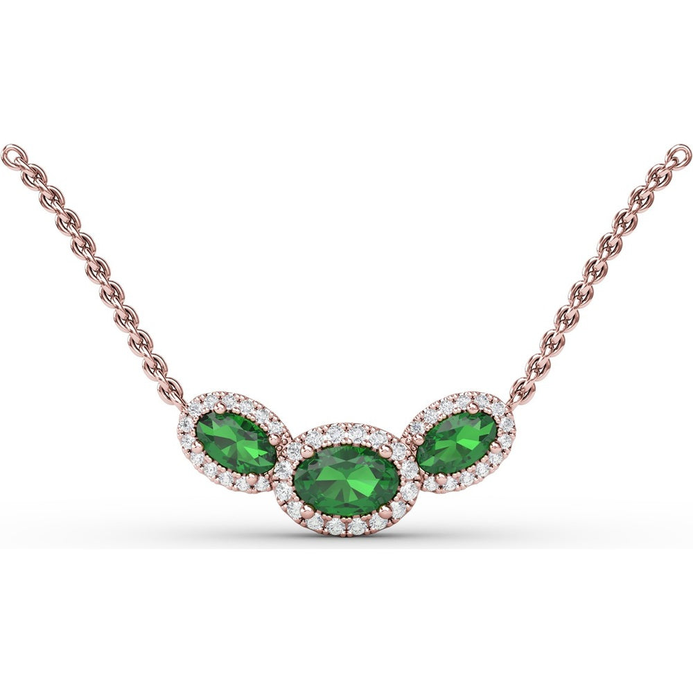 Three-Stone Oval Emerald and Diamond Halo Pendant by Fana - 1.19 Carat Total Gemstone Weight