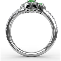 Three-Stone Oval Emerald Ring with Diamond Halos and Split Shank by Fana - 1.06 Carat Total Gemstone Weight