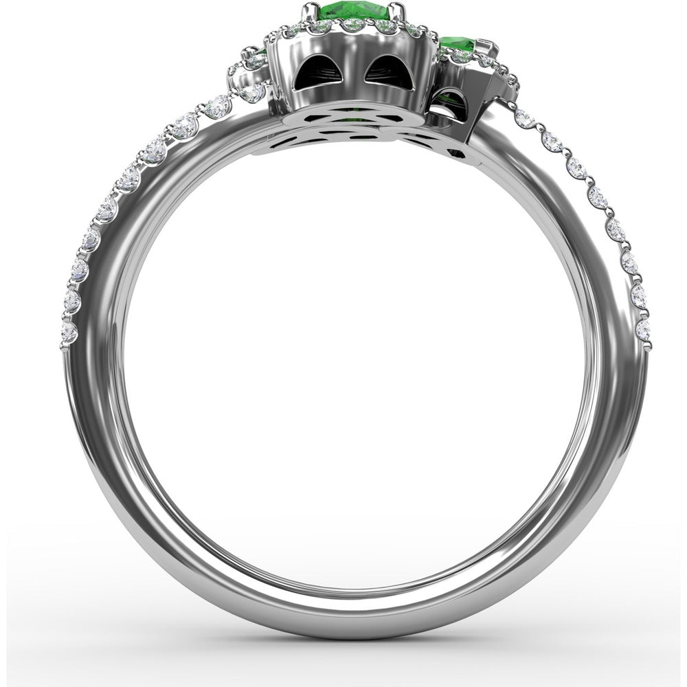 Three-Stone Oval Emerald Ring with Diamond Halos and Split Shank by Fana - 1.06 Carat Total Gemstone Weight